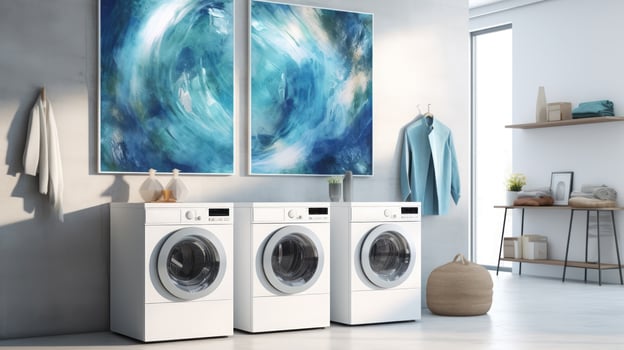 Modern bright washing room interiors with art wallpaper. AI Generated. photo