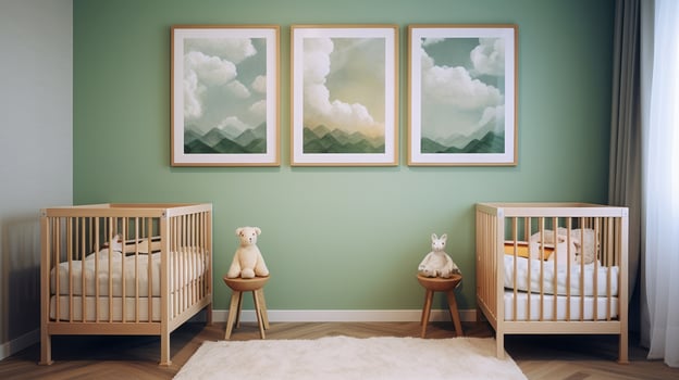 Modern bright bedroom interiors with art wallpaper. AI Generated. photo