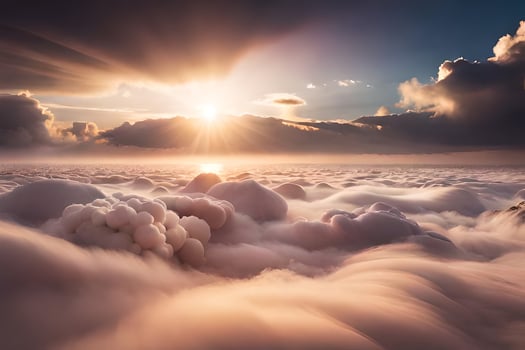 the sun shines through the clouds above a field of clouds. AI-Generated photo