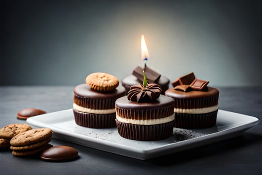 chocolate cupcakes with a candle on a plate. AI-Generated photo