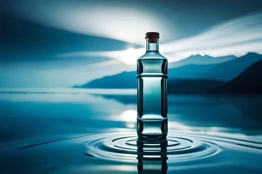 a bottle of water sits on the water with a mountain in the background. AI-Generated photo