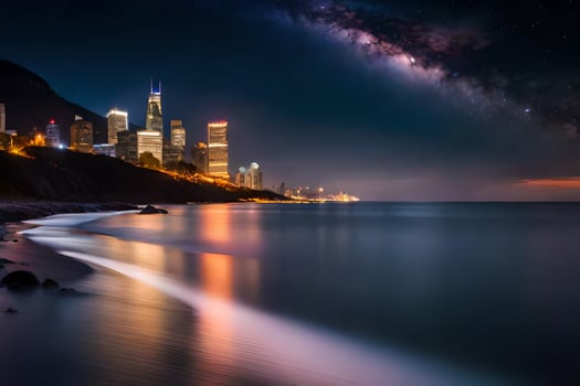 milky way over chicago skyline at night. AI-Generated photo
