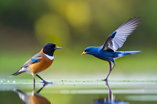 two birds standing on the water with their wings spread. AI-Generated photo