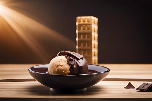 a bowl of chocolate ice cream with a tower in the background. AI-Generated photo