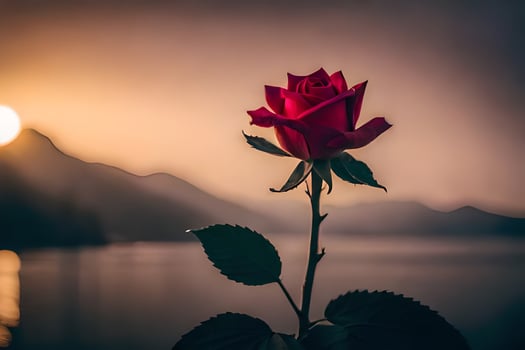 a red rose is in front of a lake and sunset. AI-Generated photo
