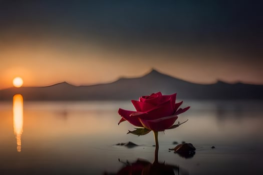 a single rose is standing in the water at sunset. AI-Generated photo