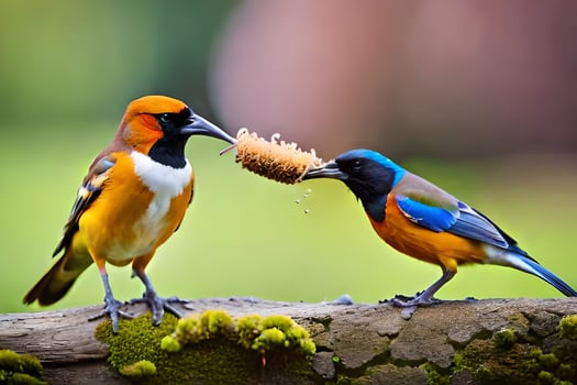two birds eating from a branch. AI-Generated photo