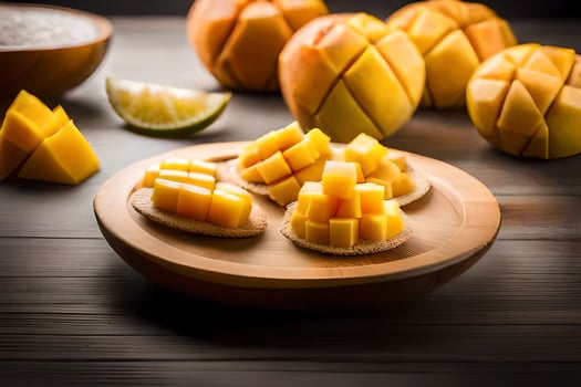 mangoes on a wooden plate with slices of fruit. AI-Generated photo