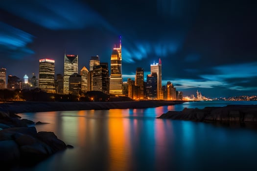chicago skyline at night with reflections in water. AI-Generated photo