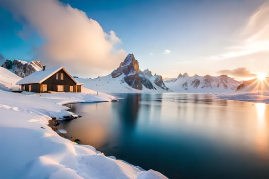 a cabin in the snow with mountains in the background. AI-Generated photo