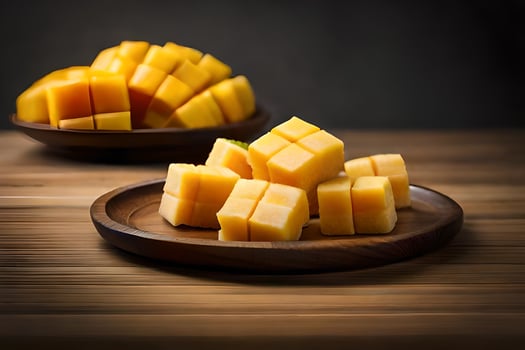 mango cubes on wooden plates. AI-Generated photo