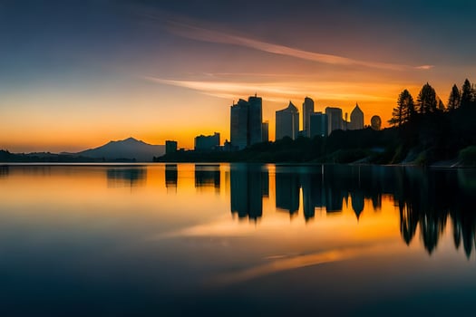 a city skyline is reflected in a lake at sunset. AI-Generated photo