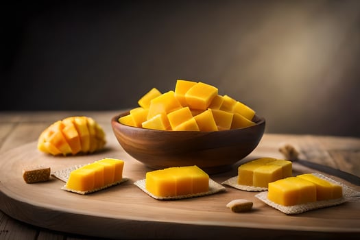 mango cubes in a bowl on a wooden table. AI-Generated photo
