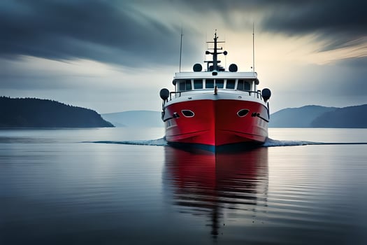 a red boat is sailing on the water. AI-Generated photo