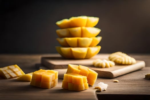 mangoes on wooden table with slices and pieces. AI-Generated photo
