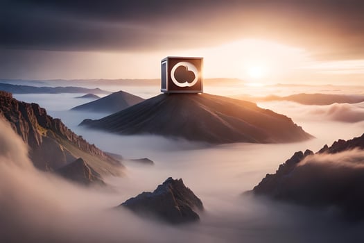 a box sitting on top of a mountain with clouds in the background. AI-Generated photo