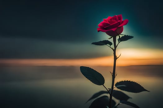 a single red rose is standing in front of a lake. AI-Generated photo