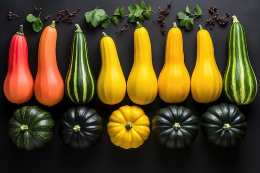 a collection of pumpkins neatly arranged in the table professional advertising photography AI Generated photo