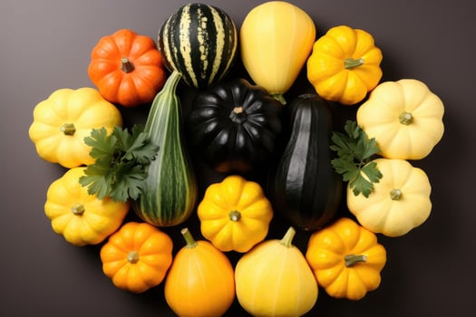 a collection of pumpkins neatly arranged in the table professional advertising photography AI Generated photo