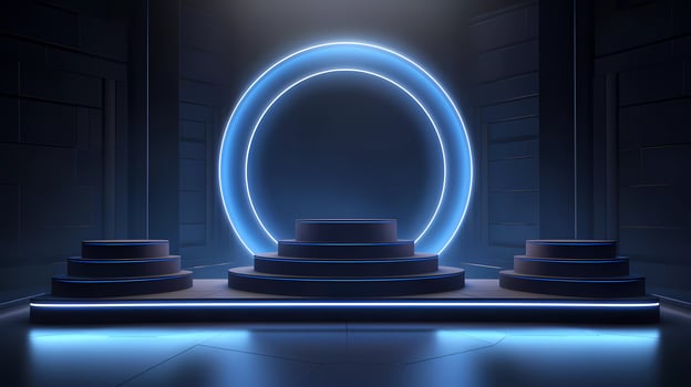 AI Generated Three blue podiums in front of a metal circle on blue background photo