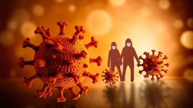 warning of pandemic due to Covid-19 with silhouette of a family AI Generated photo