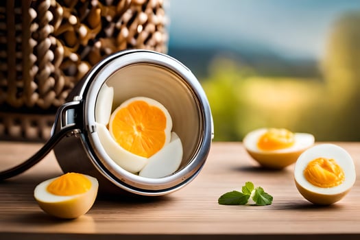 a bowl of boiled eggs with an open container. AI-Generated photo