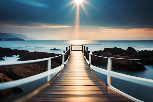 a wooden bridge leads to the ocean at sunset. AI-Generated photo