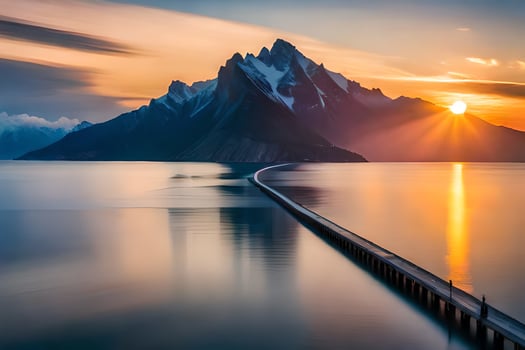 the sun rises over a mountain range and a long pier. AI-Generated photo