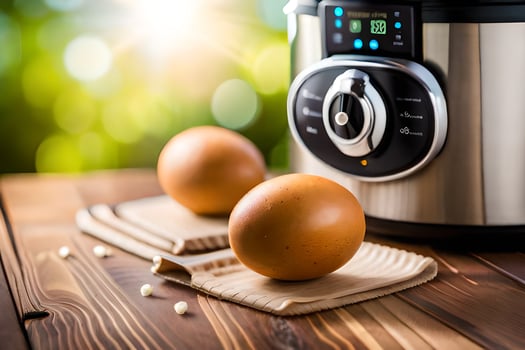 two eggs sit on a wooden table next to an instant pot. AI-Generated photo