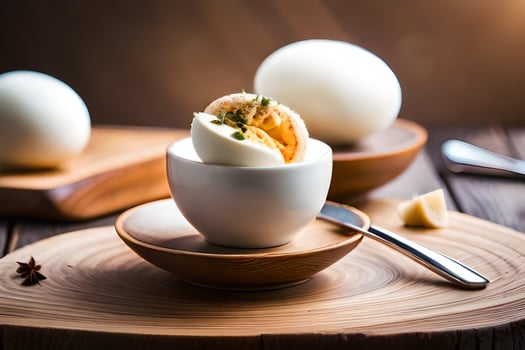 hard boiled eggs in a cup on a wooden table. AI-Generated photo