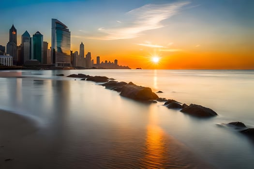 the sun sets over the city skyline in this photo. AI-Generated photo