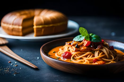 spaghetti with tomato sauce and basil leaves in a bowl. AI-Generated photo
