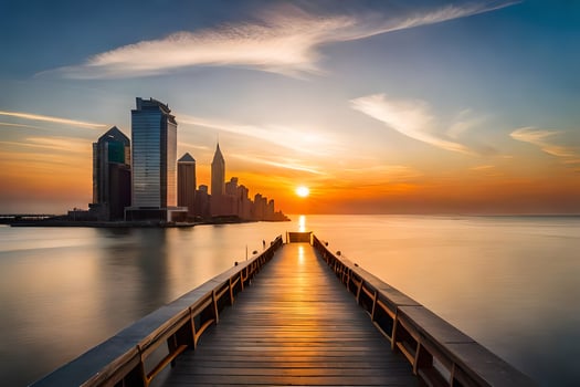 a pier leads to a city skyline at sunset. AI-Generated photo