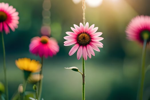 pink flowers in the sun with green grass. AI-Generated photo