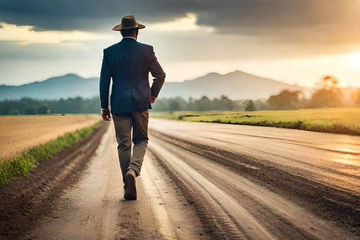 a man in a suit and hat walks down a dirt road. AI-Generated photo
