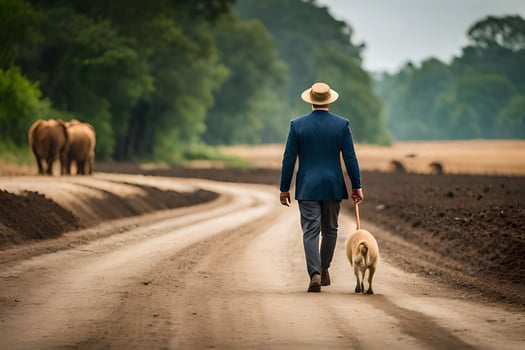 a man in a suit walks his dog down a dirt road. AI-Generated photo