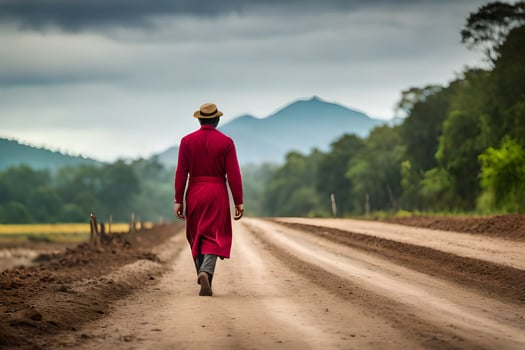 a man in a red coat walks down a dirt road. AI-Generated photo
