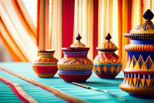 colorful vases on a table with a curtain. AI-Generated photo