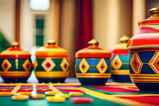 colorful vases on a table with colorful decorations. AI-Generated photo