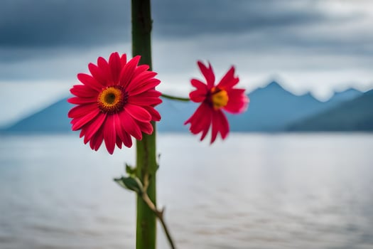 two red flowers are standing in front of a lake. AI-Generated photo