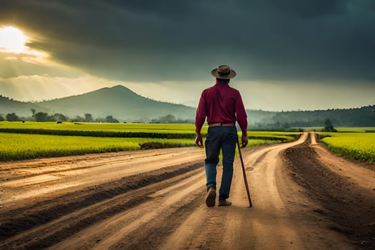 a man walking on a dirt road with a cane. AI-Generated photo