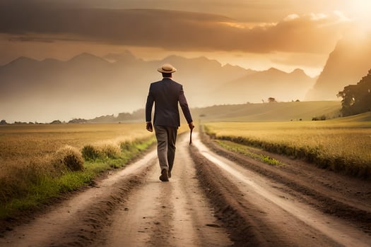 a man in a suit walks down a dirt road. AI-Generated photo