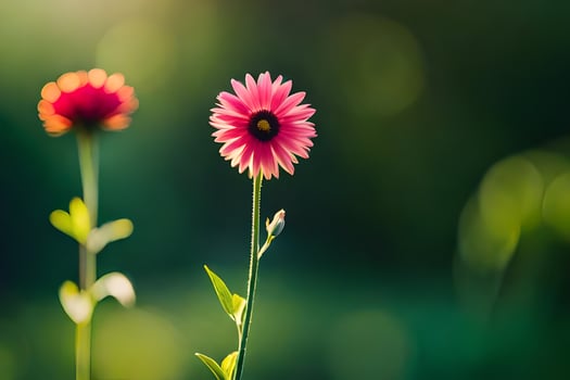 two pink flowers are standing in front of a green background. AI-Generated photo