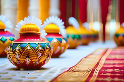 colorful vases lined up on a table with red and yellow flowers. AI-Generated photo
