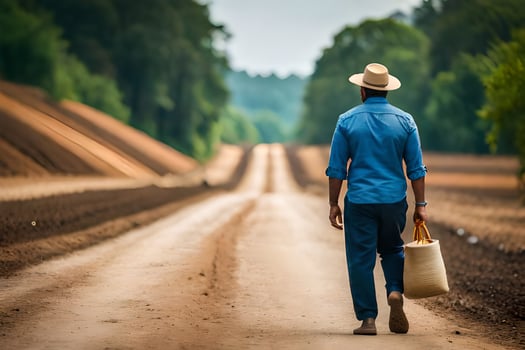 a man walking down a dirt road carrying a bucket. AI-Generated photo