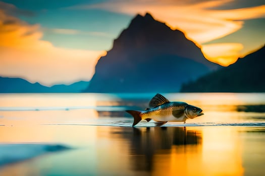 a fish is standing on the beach at sunset. AI-Generated photo