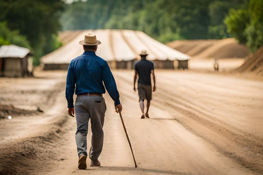 a man walking down a dirt road with a cane. AI-Generated photo