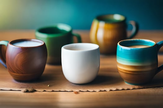 five different colored coffee cups on a wooden table. AI-Generated photo