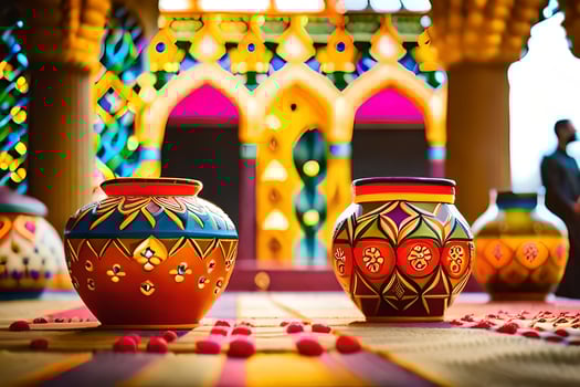 colorful vases sit on a table in a room. AI-Generated photo