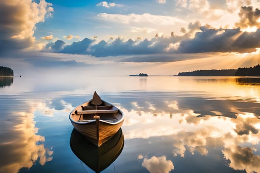 a boat floating on calm water with clouds reflecting in the water. AI-Generated photo